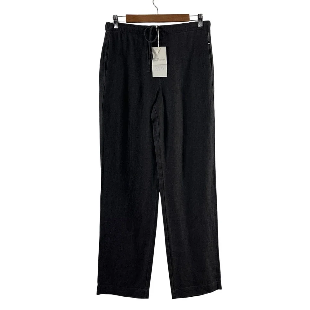 Zara Womens XS 100% Linen Drawstring Pants Charcoal Gray Straight Leg NEW